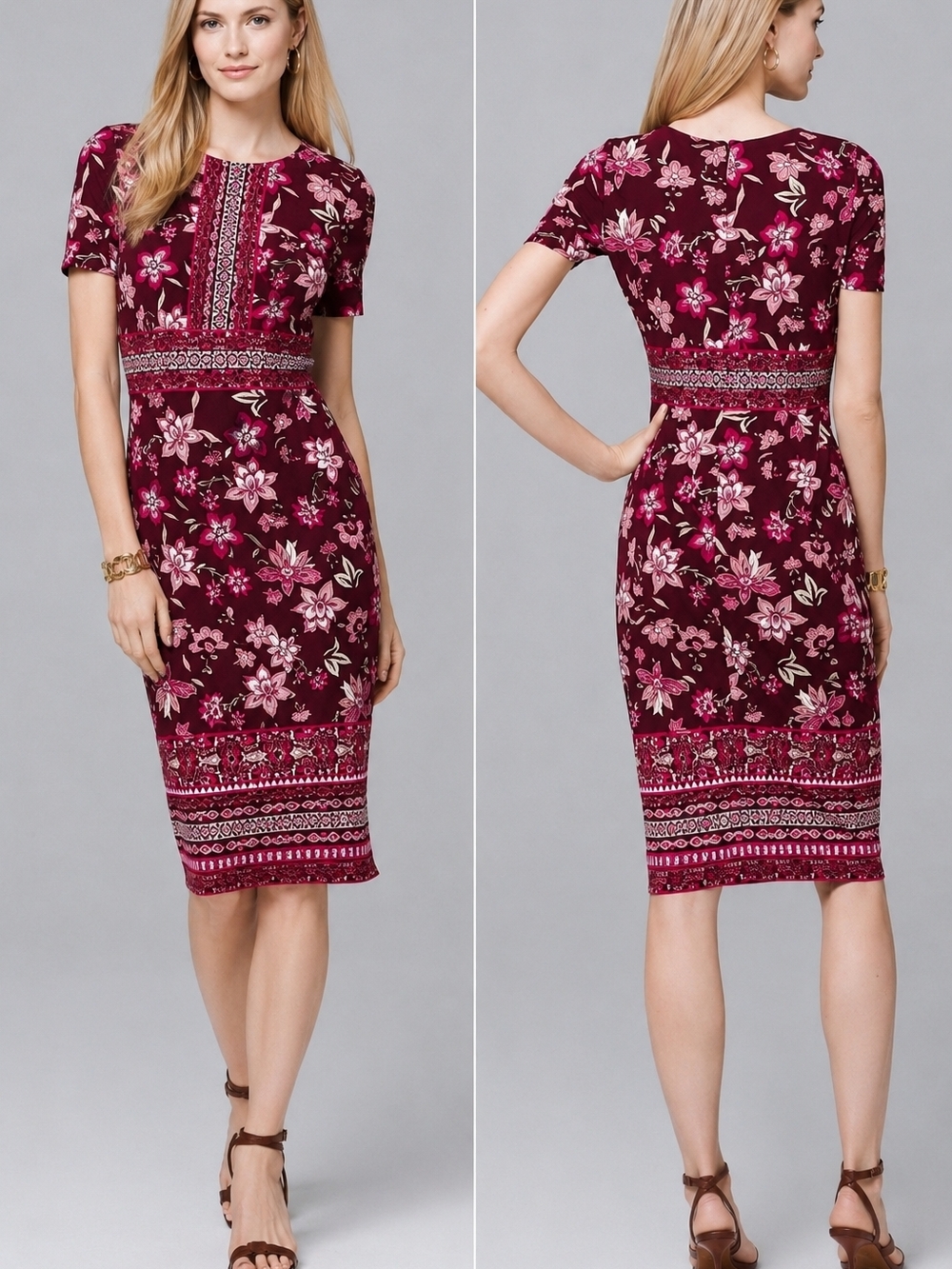 Mothers Day! White House Black Market Burgundy Floral Midi Sheath Dress